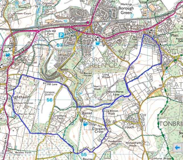 Route map for Platt to Basted and Ightham Warren